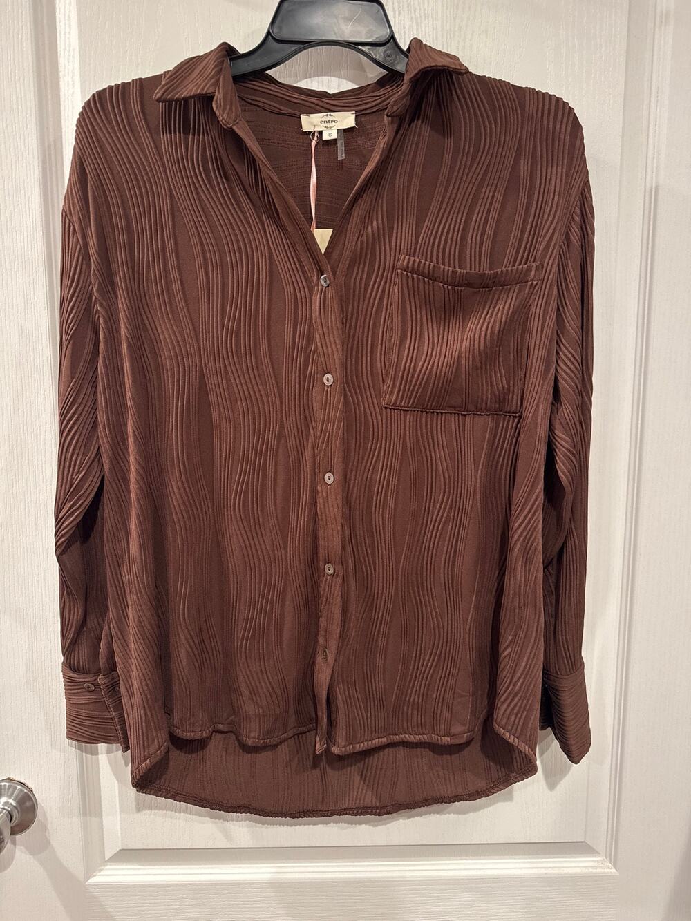 Entro Brown Textured Ribbed Button Down Shirt Small NWT Oversized Blouse